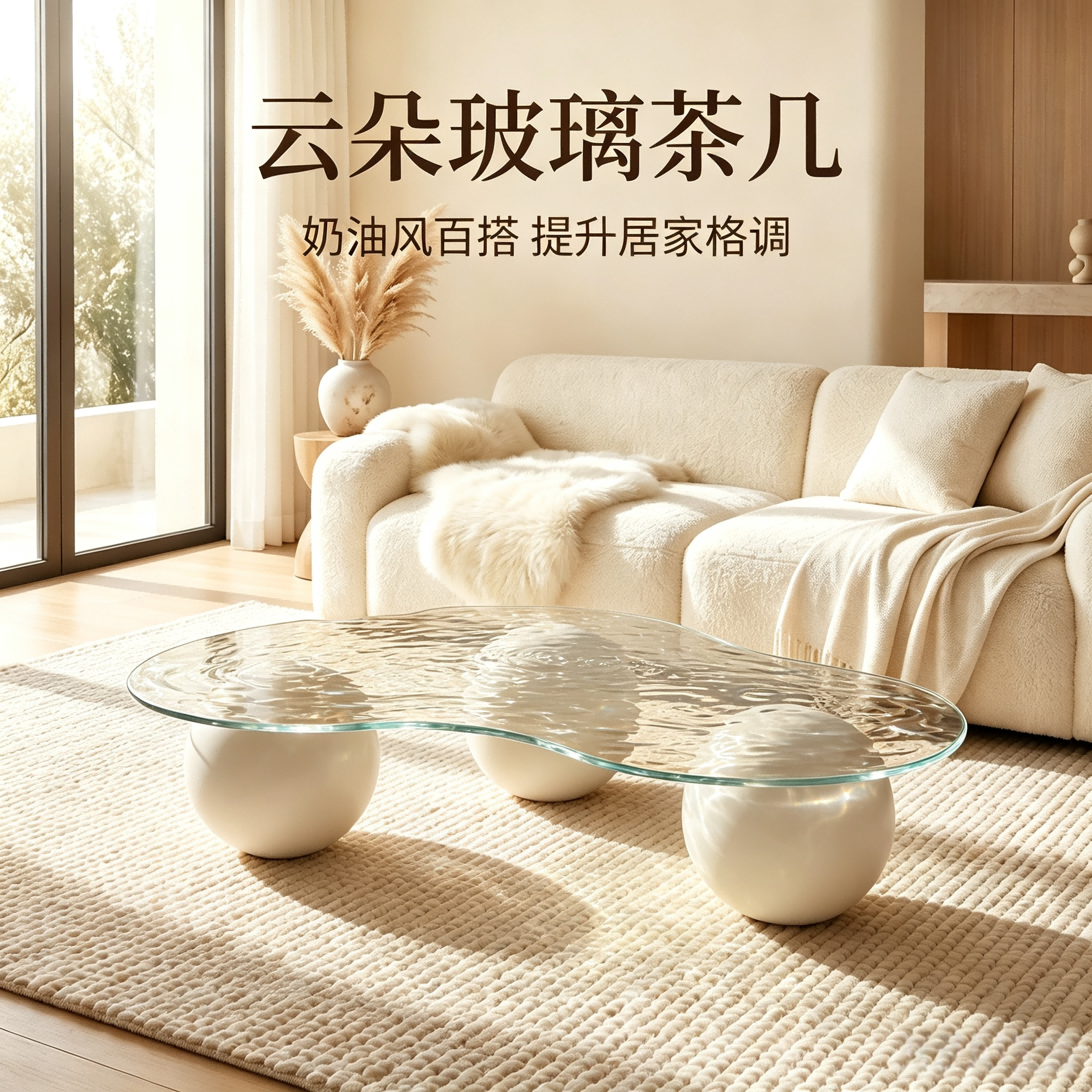 云朵钢化玻璃奶油风圆形茶几