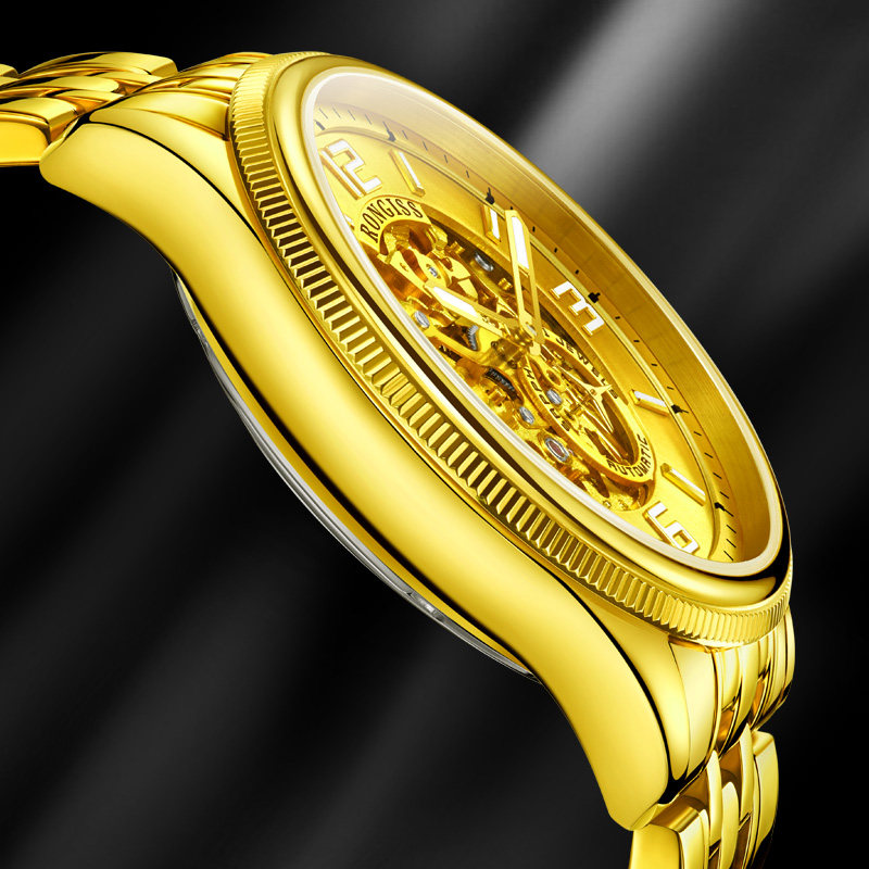 黄金色男士瑞士手表全自动机械表男款镂空朗积金表纯金色进口机芯