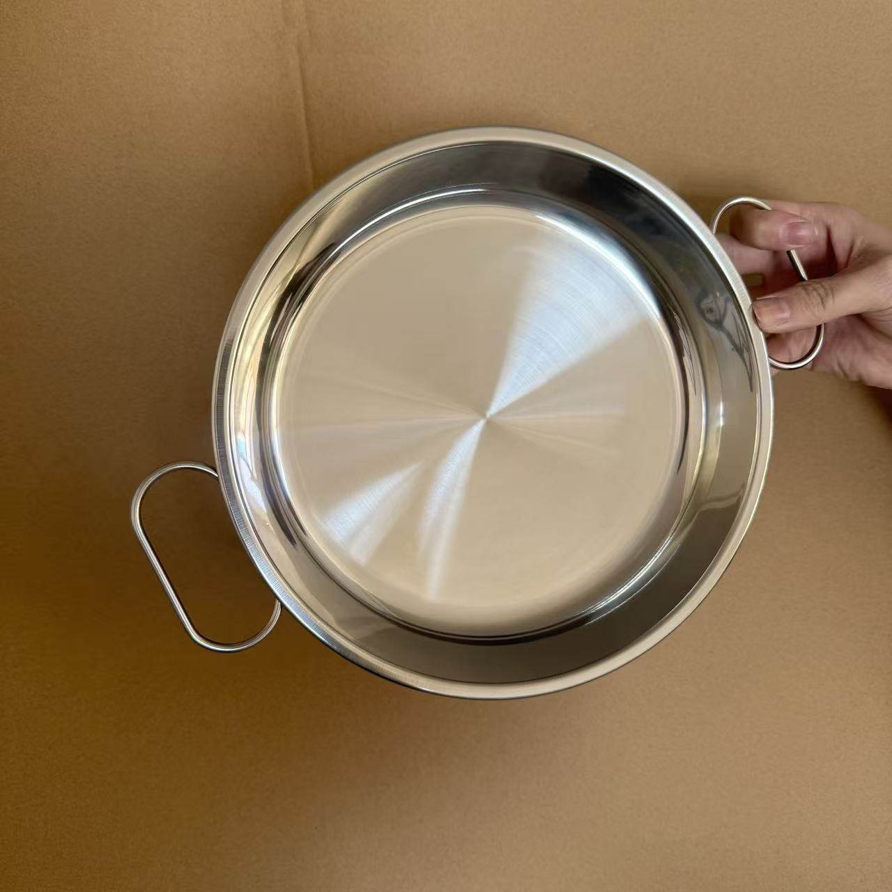 正品304不锈钢食品级凉皮盘蒸盘钵钵鸡盘 带手柄双耳防烫商用家用