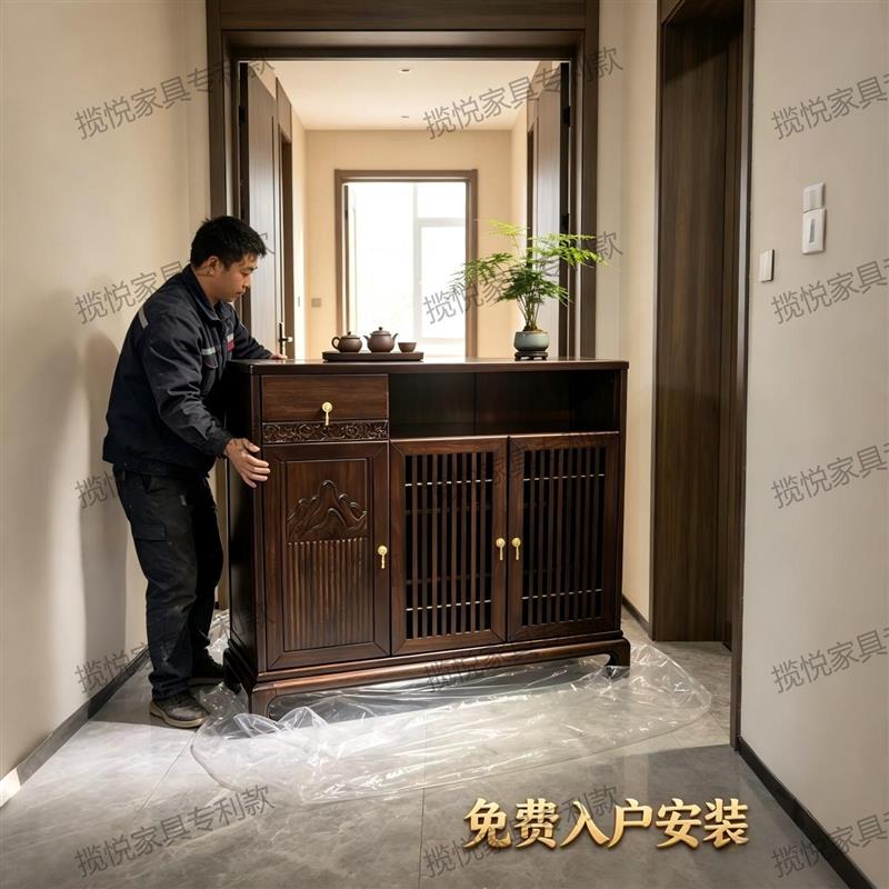 全实木进口乌金木餐边柜茶水柜鞋柜新中式客厅玄关雕花储物柜家具