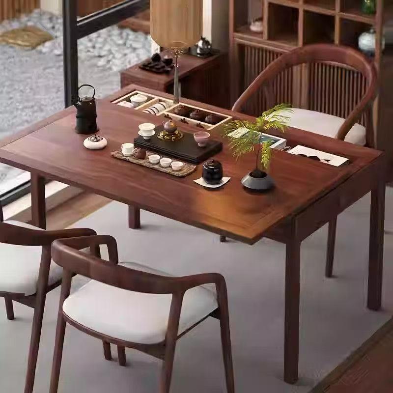 老榆木阳台推拉茶桌胡桃色新中式精致小户型泡茶台轻奢茶桌