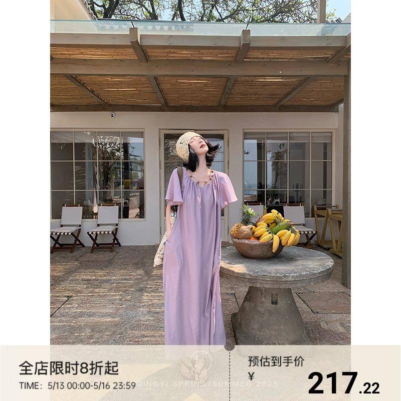 鹭青一原创【念珠】法式绝美醋酸连衣裙夏设计感荷叶袖宽松A字裙