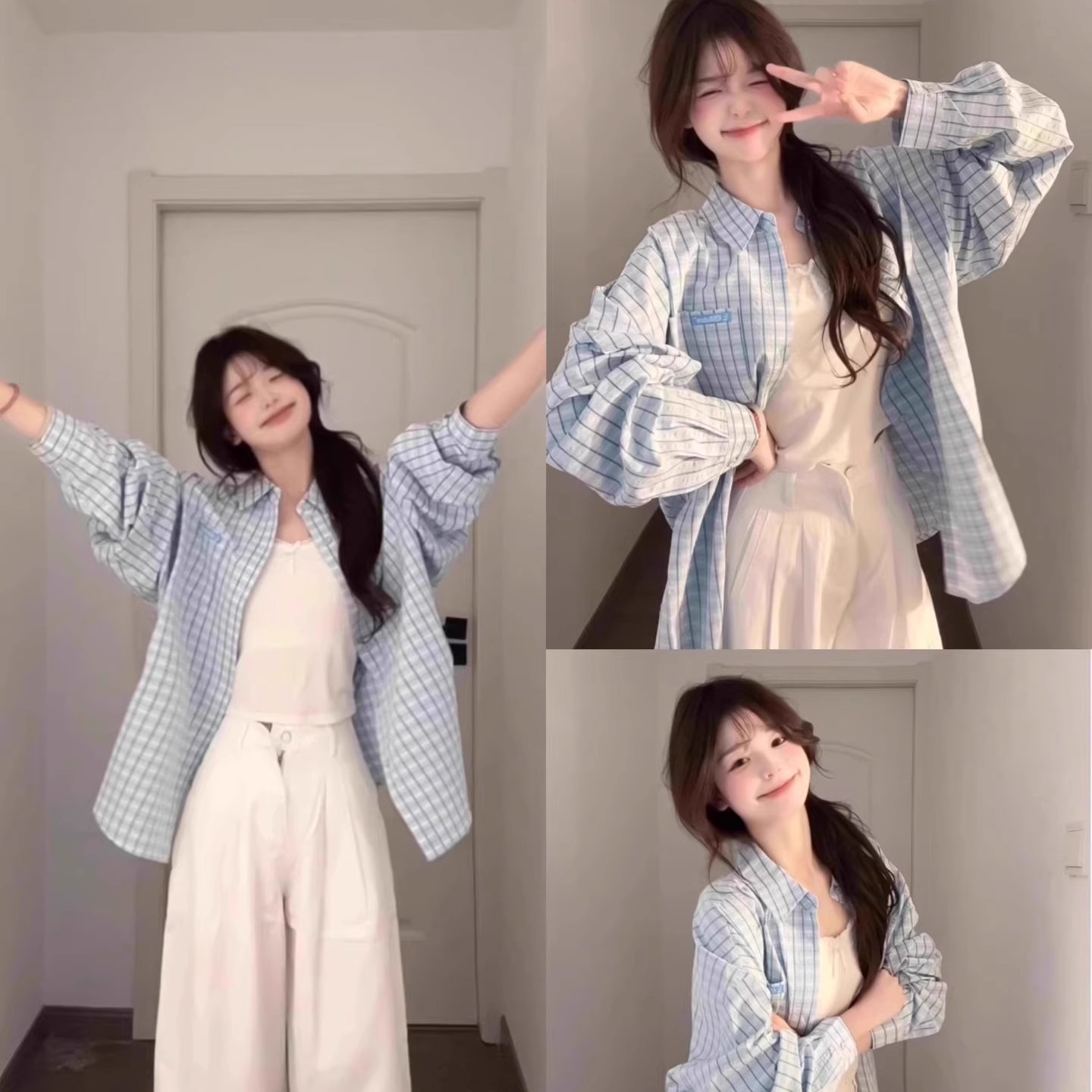 小众蓝色格子衬衫法式上衣女夏日系夏装女装衬衫上衣女外套薄