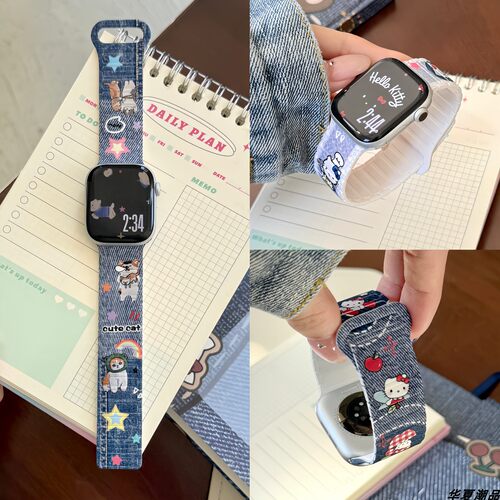 卡通牛仔硅胶磁吸回环苹果表带