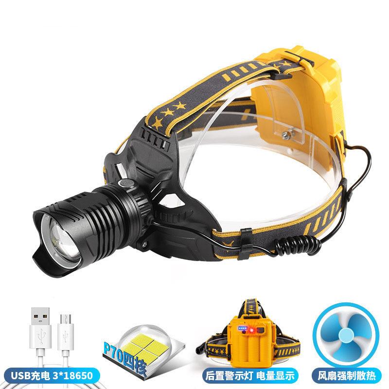跨境P70头灯伸缩变焦远射巡逻户外灯野营内置风扇头灯电量显示