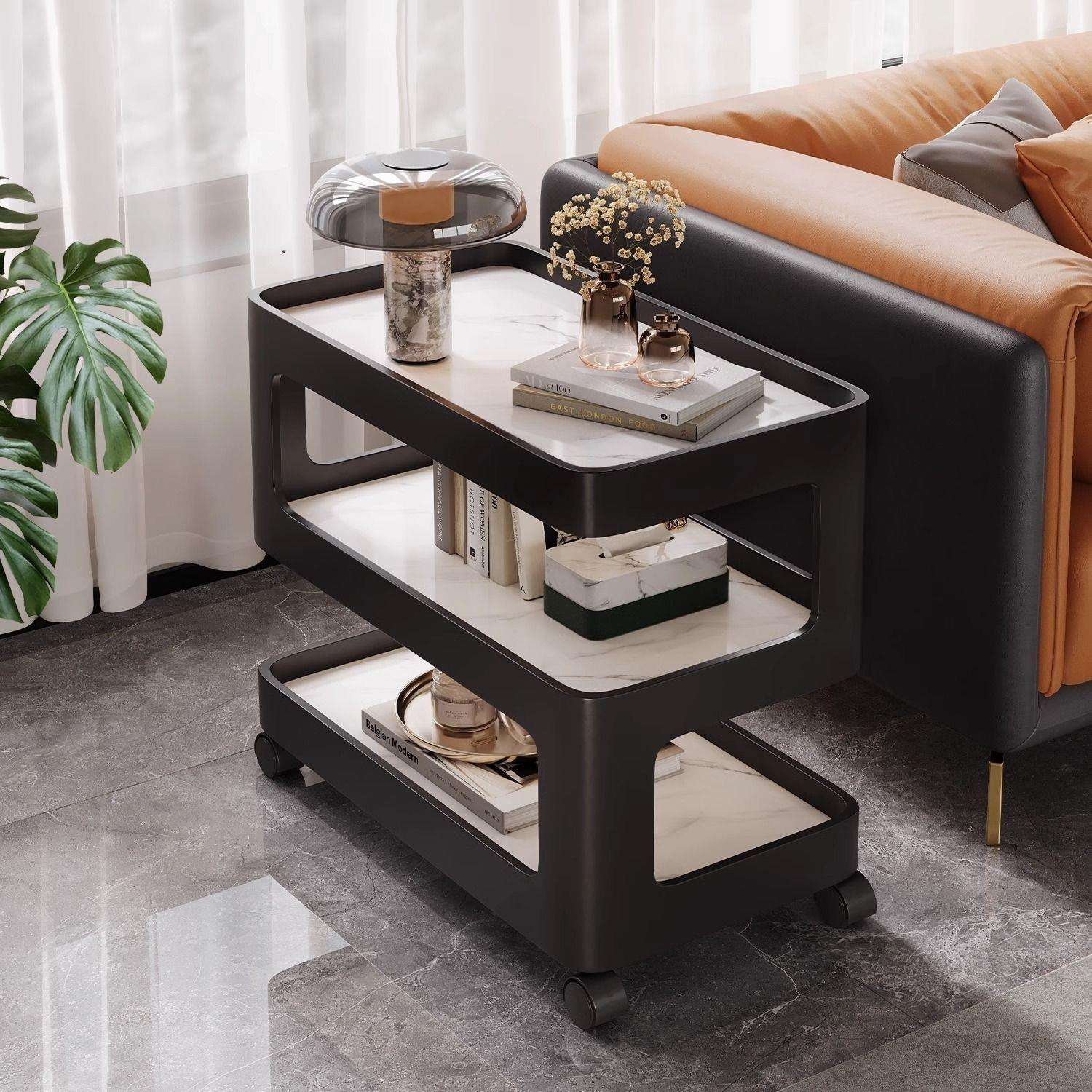 客厅家用奶油风边几沙发边几带轮岩板小茶几简约铁艺置物架床头柜