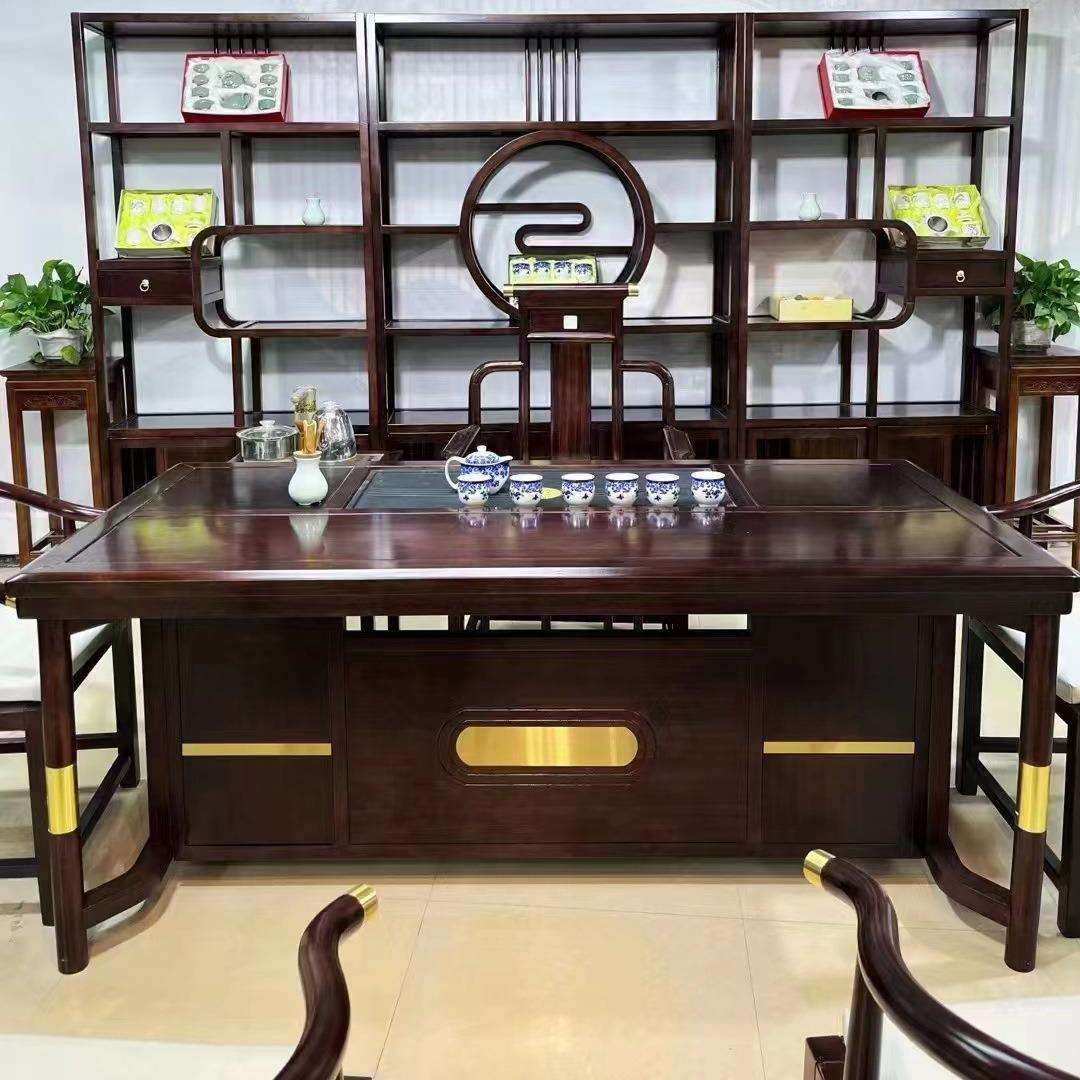 金丝檀新中式实木茶桌椅全实木知遇茶台高档办公家用一体茶桌椅