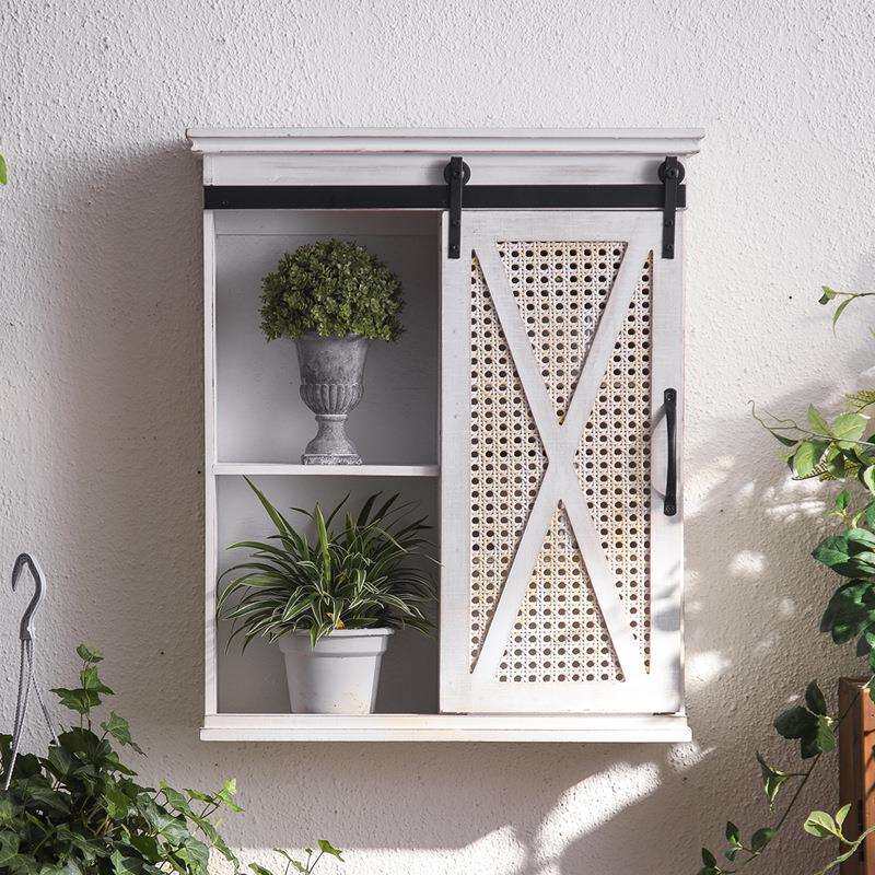 现代田园风滑动门多功能阳台藤编收纳吊柜做旧壁挂搁板花架电表箱