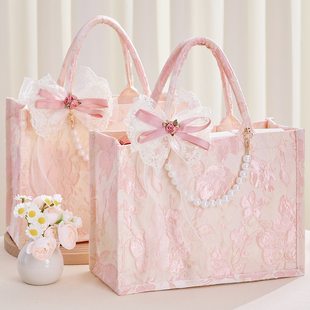 刺绣手提包伴手礼女伴娘实用结婚礼盒空盒子小众高级感帆布礼物袋