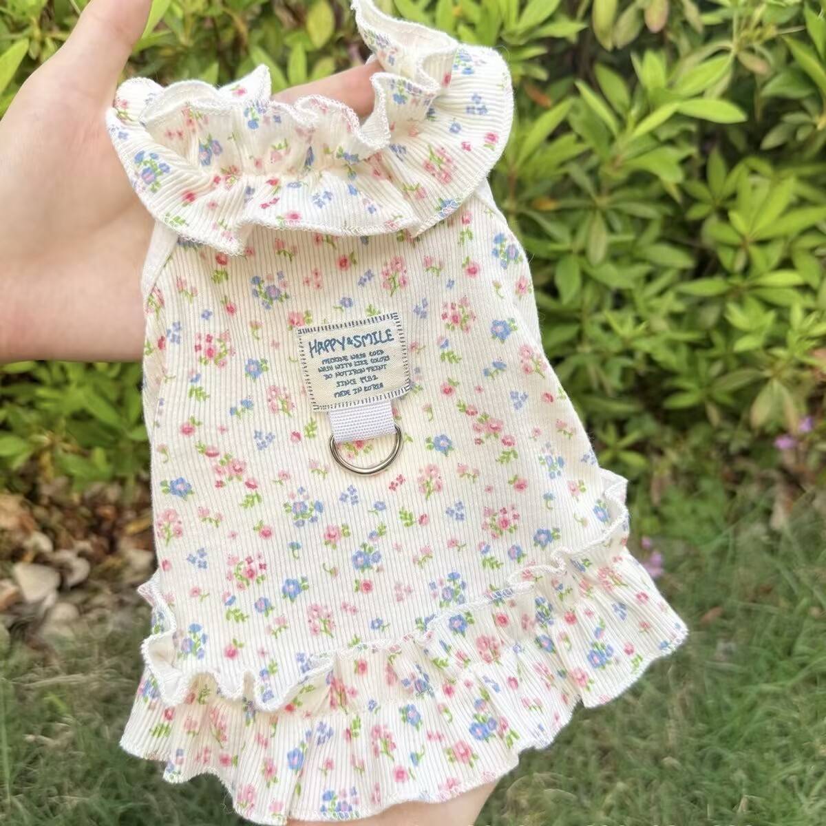 夏季猫咪小狗薄款防掉毛衣服透气带牵引碎花吊带狗狗裙子比熊博美