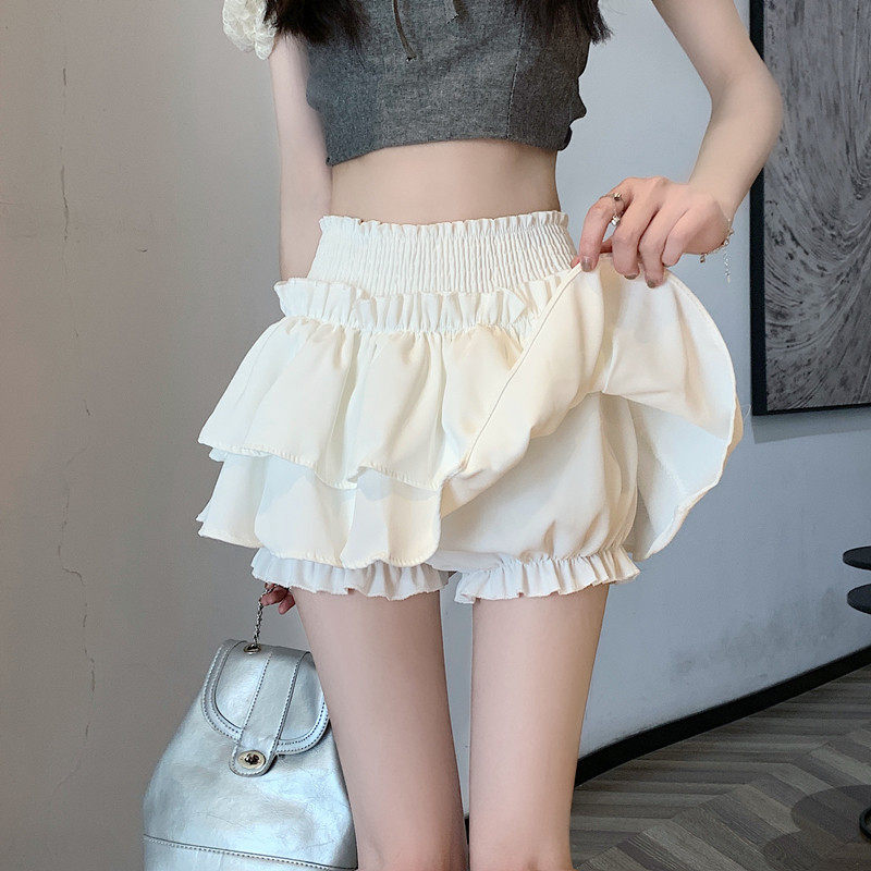 白色芭蕾风荷叶边蓬蓬蛋糕裙女秋冬甜辣妹高腰花苞裙短裤半身裙子