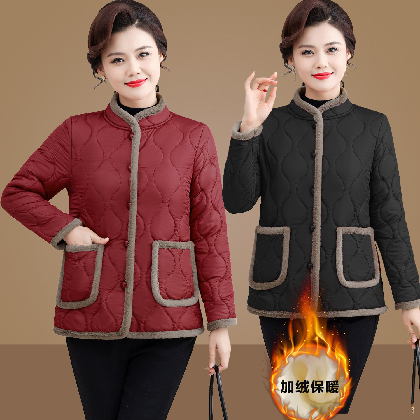 妈妈秋冬加绒小棉衣洋气减龄中老年女士冬季时尚保暖立领棉袄新款