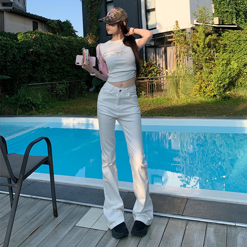 弄格白色微喇叭牛仔裤女2026春夏高腰显瘦修身窄版小直筒拖地裤图片