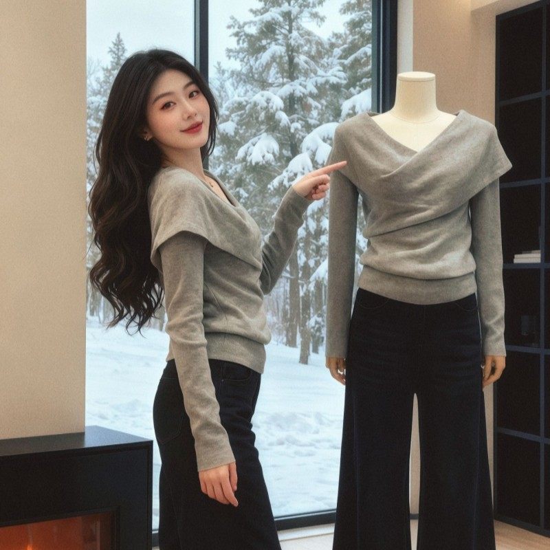 大码气质v领交叉灰色针织衫2025秋季韩系上衣胖mm修身内搭打底衫,女装/女士精品,毛针织衫,淘宝优惠券,粉丝福利购,淘宝优惠卷