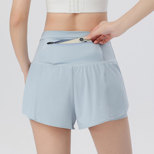 女士防走光跑步运动短裤宽松高腰收腹健身瑜伽三分裤后腰拉链口袋