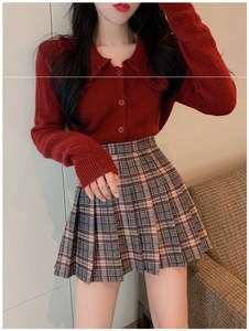 娃娃领针织开衫格子短裙两件套装裙女装今年流行的连衣裙秋冬裙子