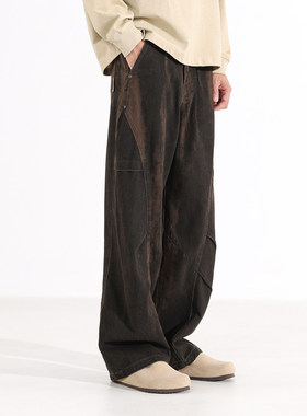 Ceecuz 复古vintage弯刀阔腿裤男款褶皱廓形宽松伞兵裤休闲工装裤