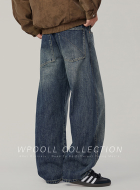 秋季潮牌复古大码弯刀牛仔裤男美式高街新款蓝色百搭宽松休闲长裤