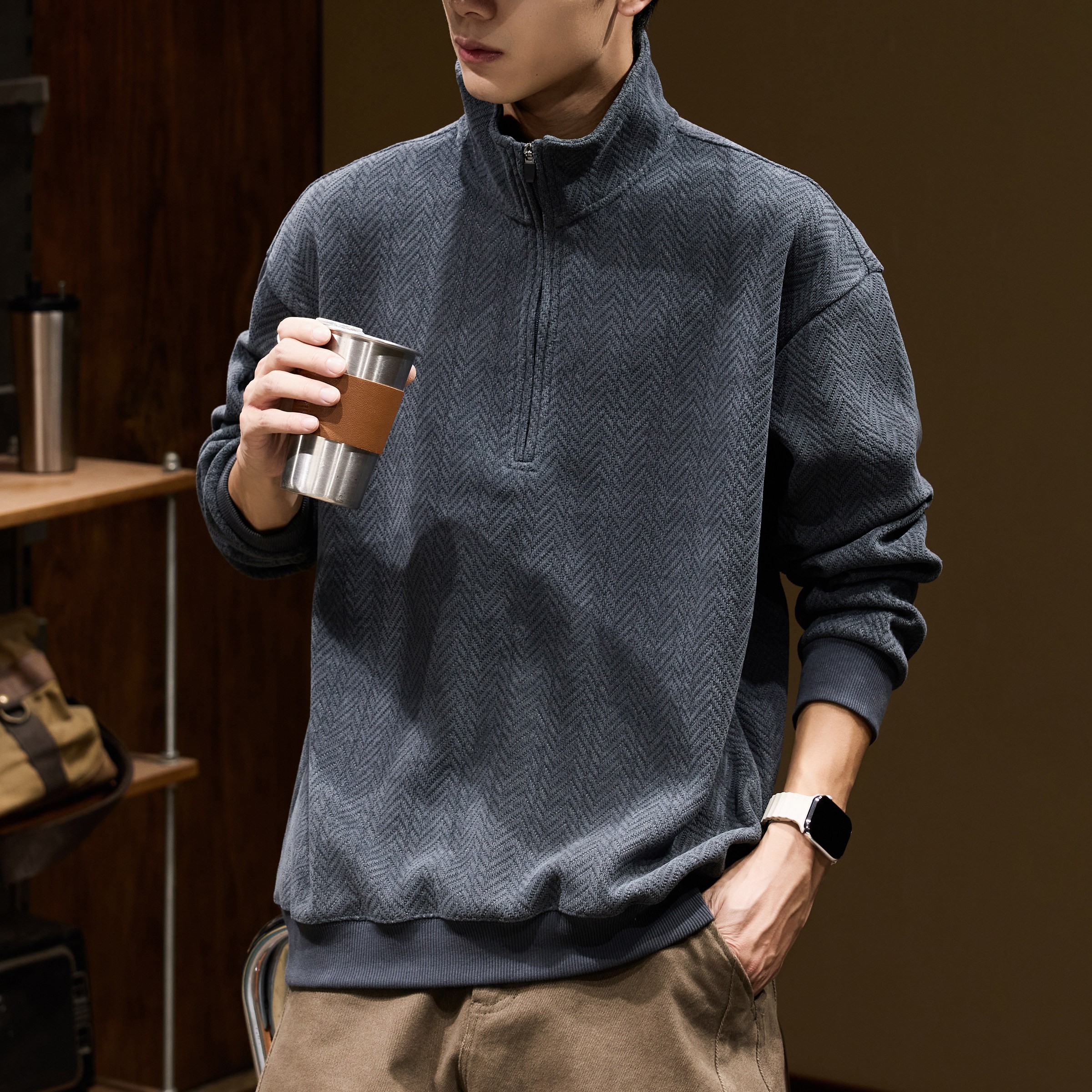 高端纹理感半高领拉链卫衣男春秋款衣服2026新款重磅潮牌大码秋季