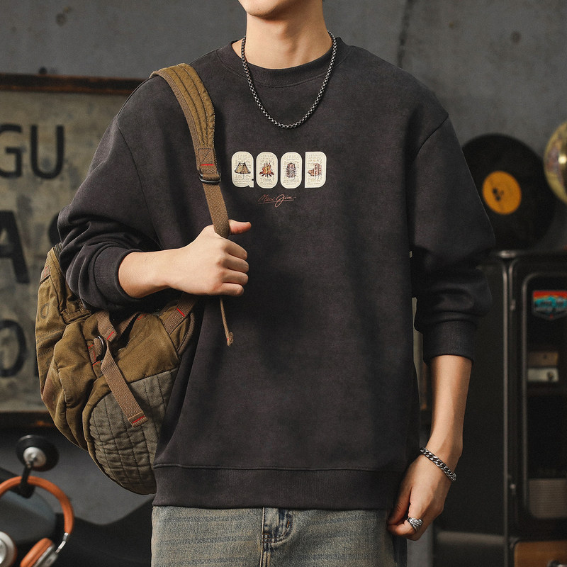 潮牌宽松加绒卫衣男美式复古重磅长袖T恤男款云染休闲圆领打底衫