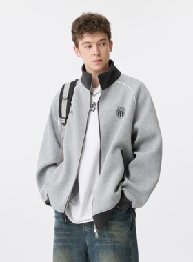 DPX秋季新款重磅撞色拼接卫衣男宽松休闲男装立领开衫秋装外套