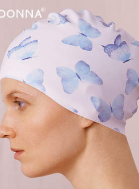 PRIDONNA硅胶防水泳帽蓝蝴蝶时尚印花长发舒适成人游泳帽护耳大号