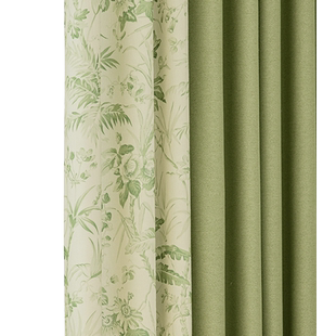 法式田园风淡雅窗帘卧室遮光高级感2023新款客厅小清新绿色印花布