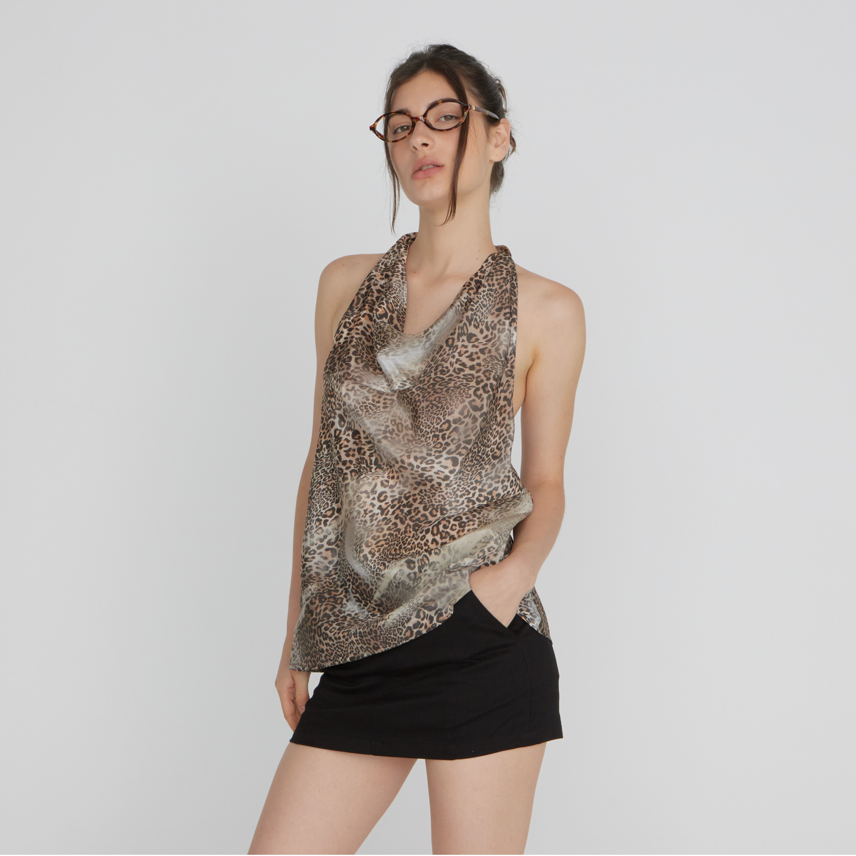 法式荡领印花挂脖吊带