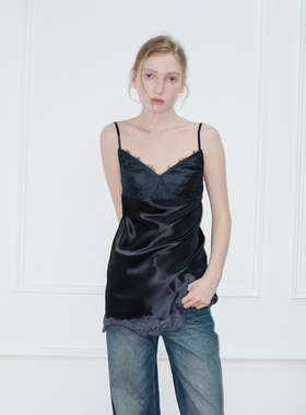 Heemmi/赫觅设计师品牌醋酸丝滑垂坠蕾丝缎面拼接吊带打底连衣裙