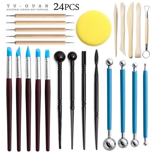 跨境陶艺工具24件套装软陶泥塑雕刻刀手工涂鸦硅胶点钻笔粘土