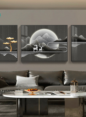 定做现代约瓷客麋厅饰沙画高级感鹿发背景挂画大墙气晶简创意装三