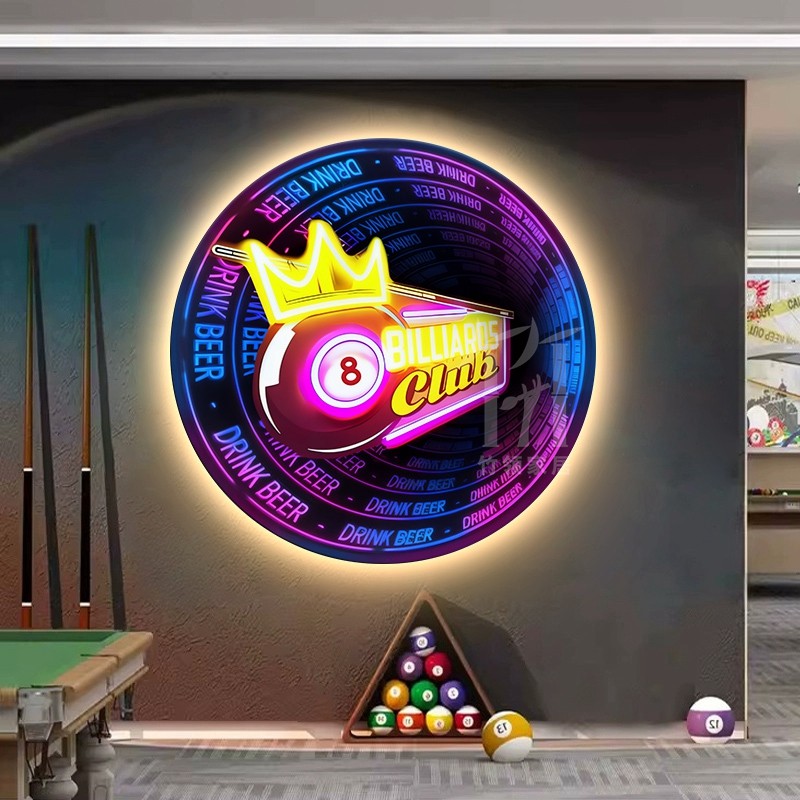 现代朋克赛博台球室圆形发光台球厅装饰画桌球娱乐俱乐部墙面挂画