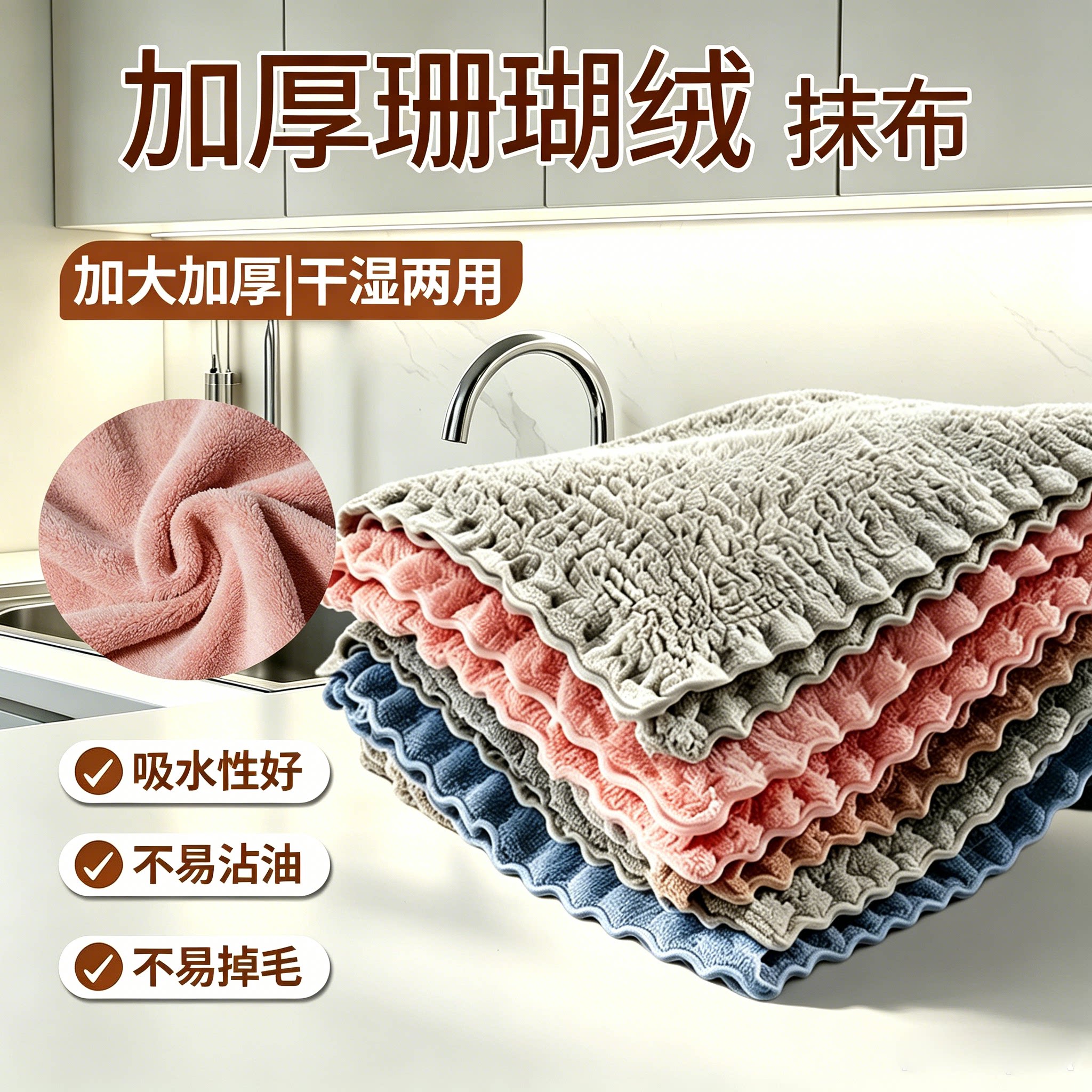 双面珊瑚绒厨房清洁毛巾洗碗布图片