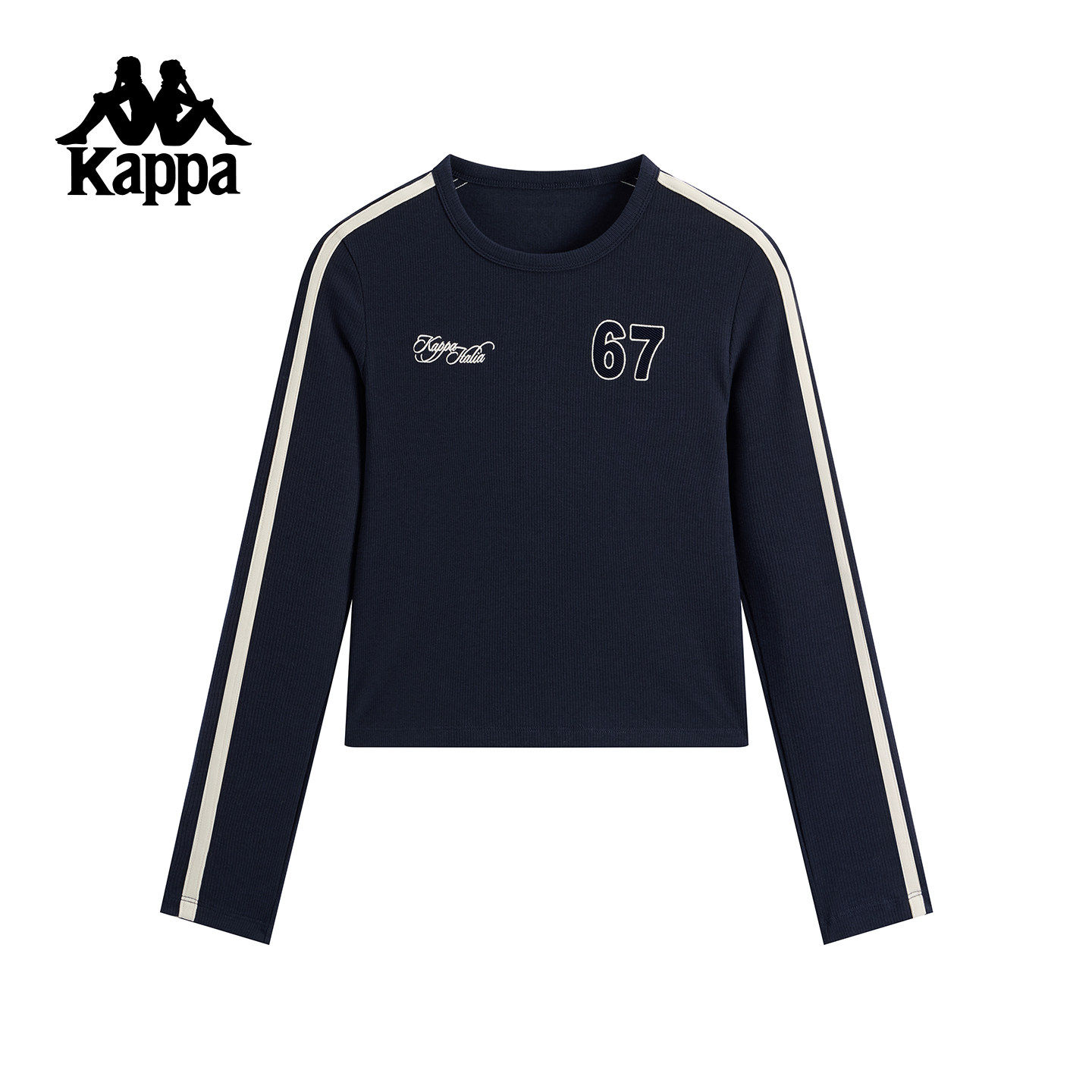 Kappa卡帕背靠背运动长袖t恤女新款复古条纹修身短款训练刺绣上衣,运动服/休闲服装,运动卫衣/套头衫,淘宝优惠券,粉丝福利购,淘宝优惠卷