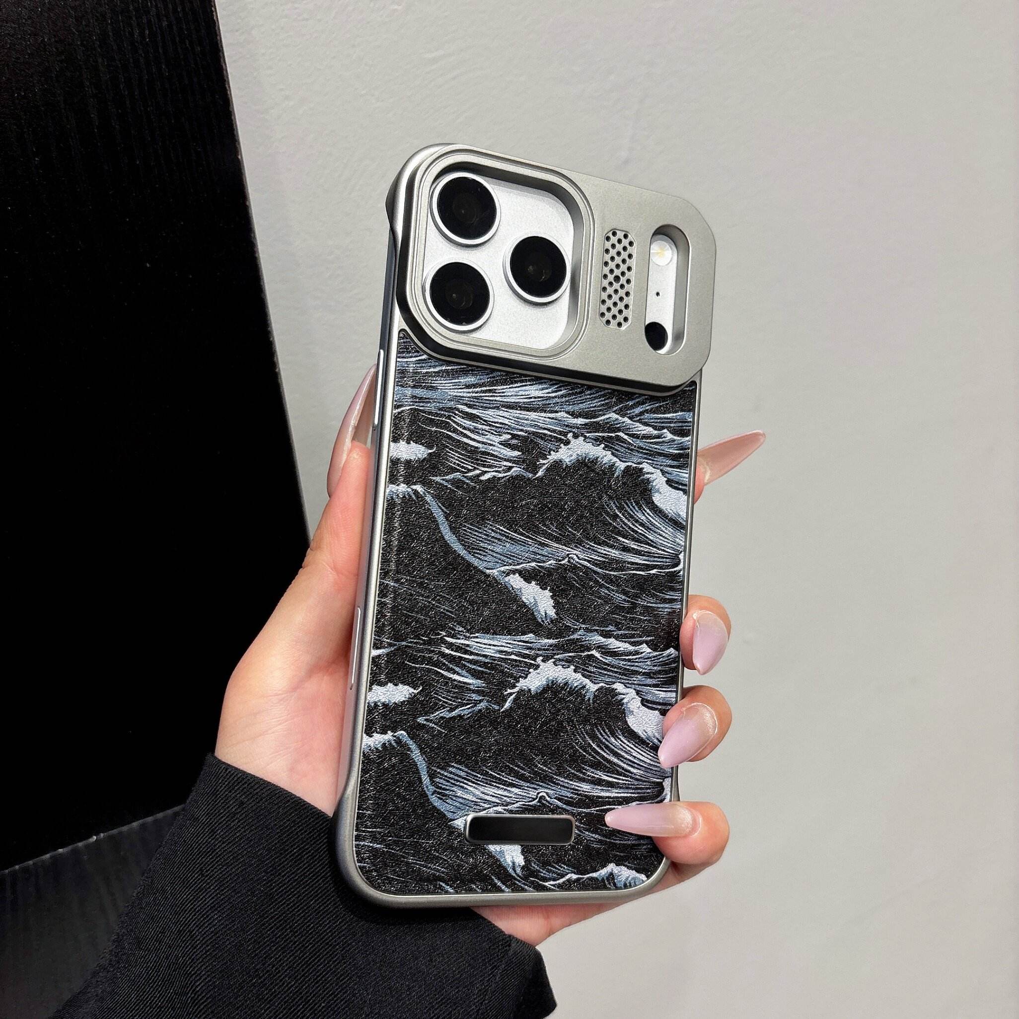 潮牌时尚海浪适用苹果17promax手机壳新款iPhone16plus高级感国潮15pro无边框磁吸14高端皮纹防摔13男生复古