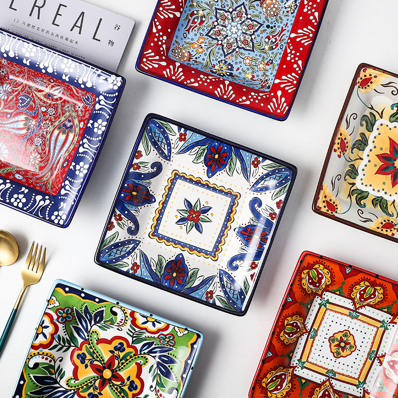 波西米亚方盘陶瓷菜盘子家用方形水果盘高颜值西餐盘大容量餐具,餐饮具,盘,淘宝优惠券,粉丝福利购,淘宝优惠卷