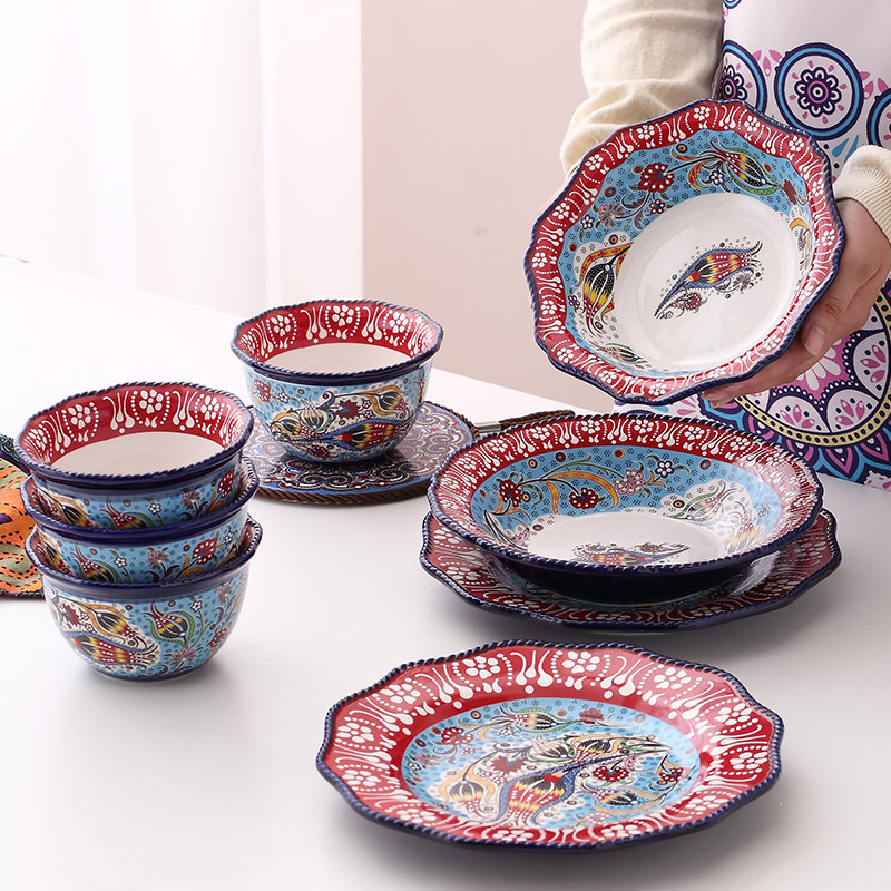土耳其陶瓷餐具网红绳边菜盘餐盘个性家用创意盘子方盘碗碟套装,餐饮具,盘,淘宝优惠券,粉丝福利购,淘宝优惠卷