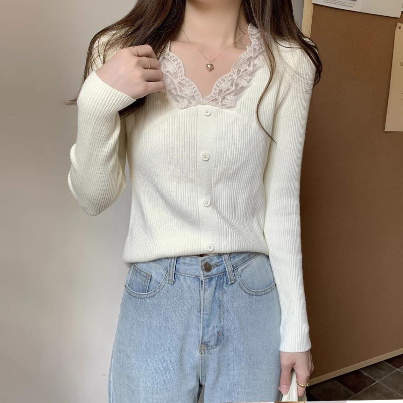 气质修身蕾丝拼接v领针织衫女2025秋冬新款韩风设计感内搭上衣潮