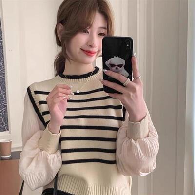 假两件泡泡袖法式毛衣女秋冬2025新款小个子小众条纹别致长袖上衣