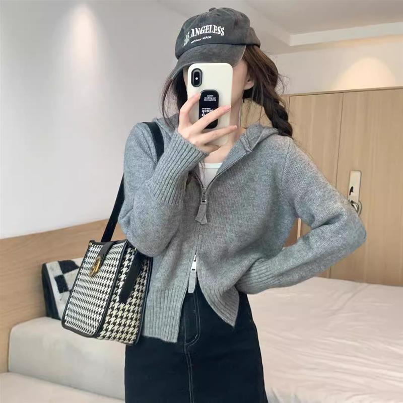 纯欲风灰色长袖针织开衫女秋季2025新款双头拉链修身显瘦短款上衣