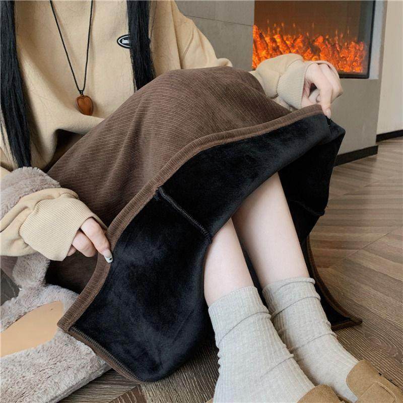 大码冬季加绒加厚半身裙女2025新款高腰a字显瘦中长裙灯芯绒半裙