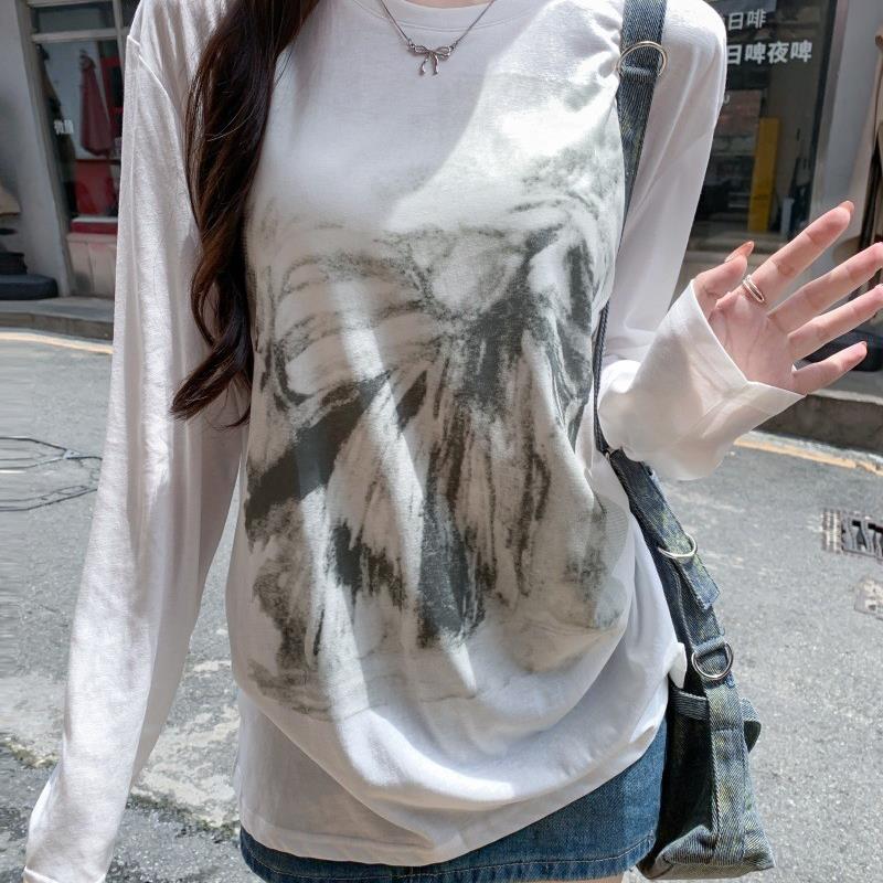 882# 实拍 26支纯棉(100棉) 2025秋装长袖T恤女微透印花