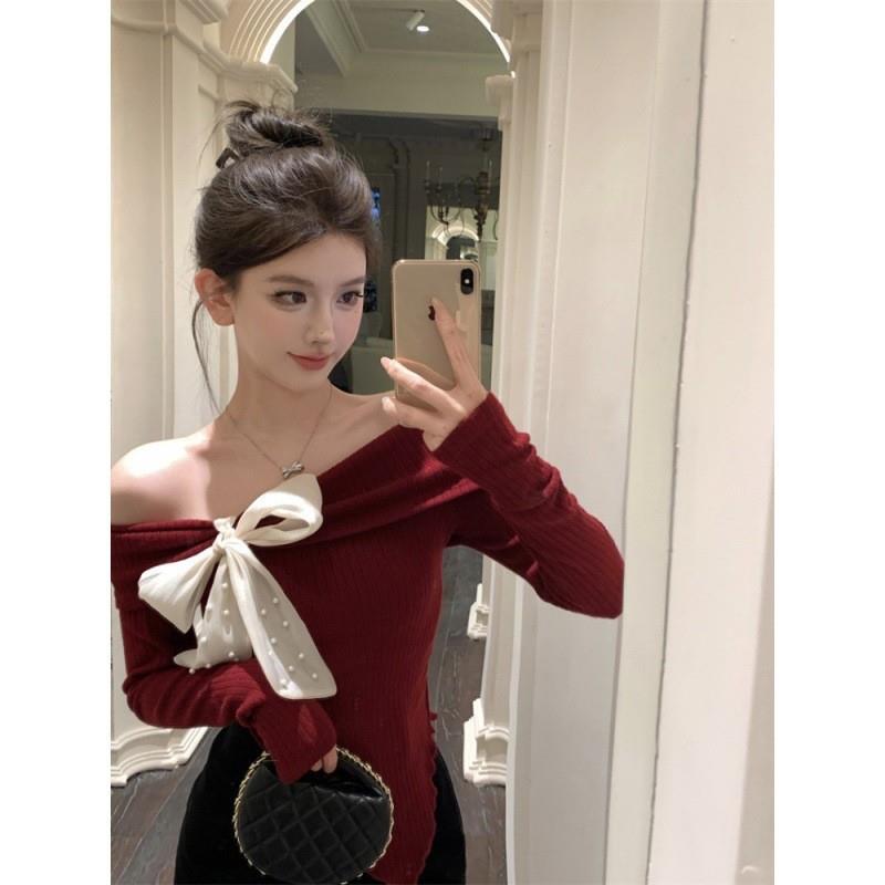 跨境工厂欧美蝴蝶结短款上衣一字领露肩长袖T恤女春秋季抖音淘宝