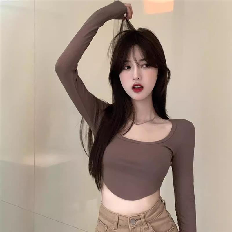 甜辣纯欲风t恤修身长袖设计感打底衫露脐辣妹短款学生上衣女初秋