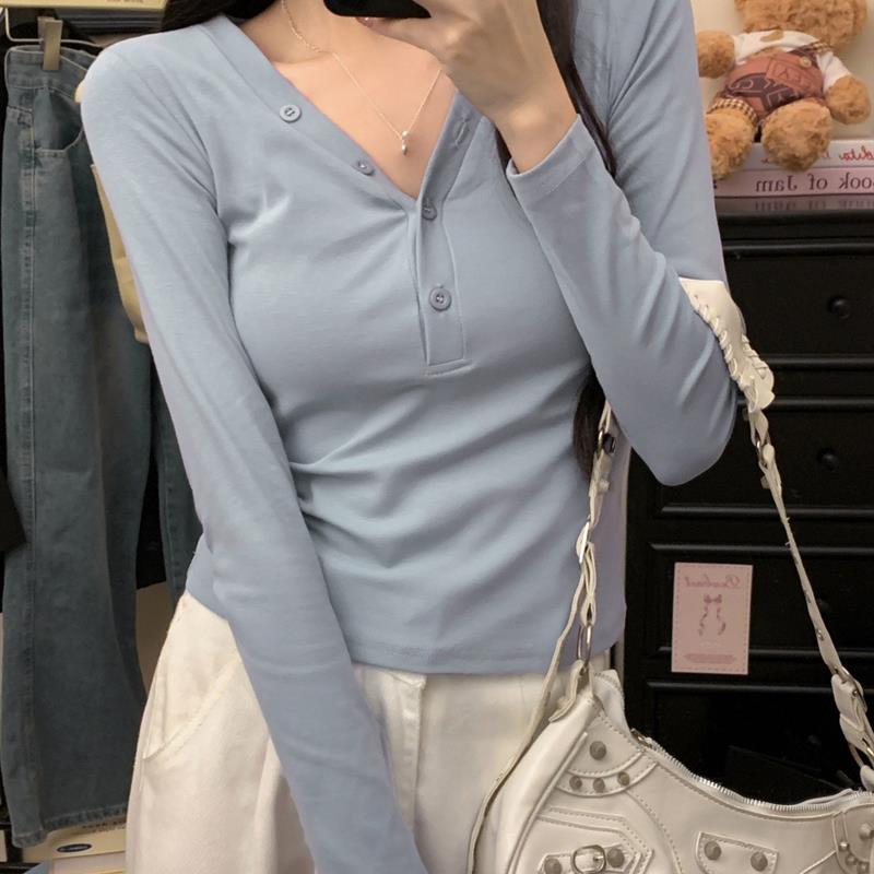 538#实拍 40支纯棉(92棉/8氨纶) 2025秋装长袖T恤女V领纽扣