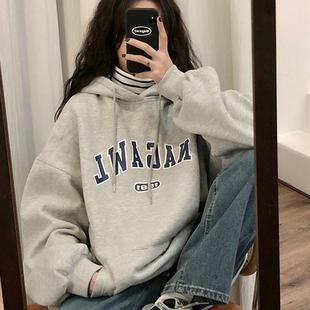 20252025秋冬新款 bf慵懒风灰色卫衣女港风加绒加厚潮2025 宽松韩版