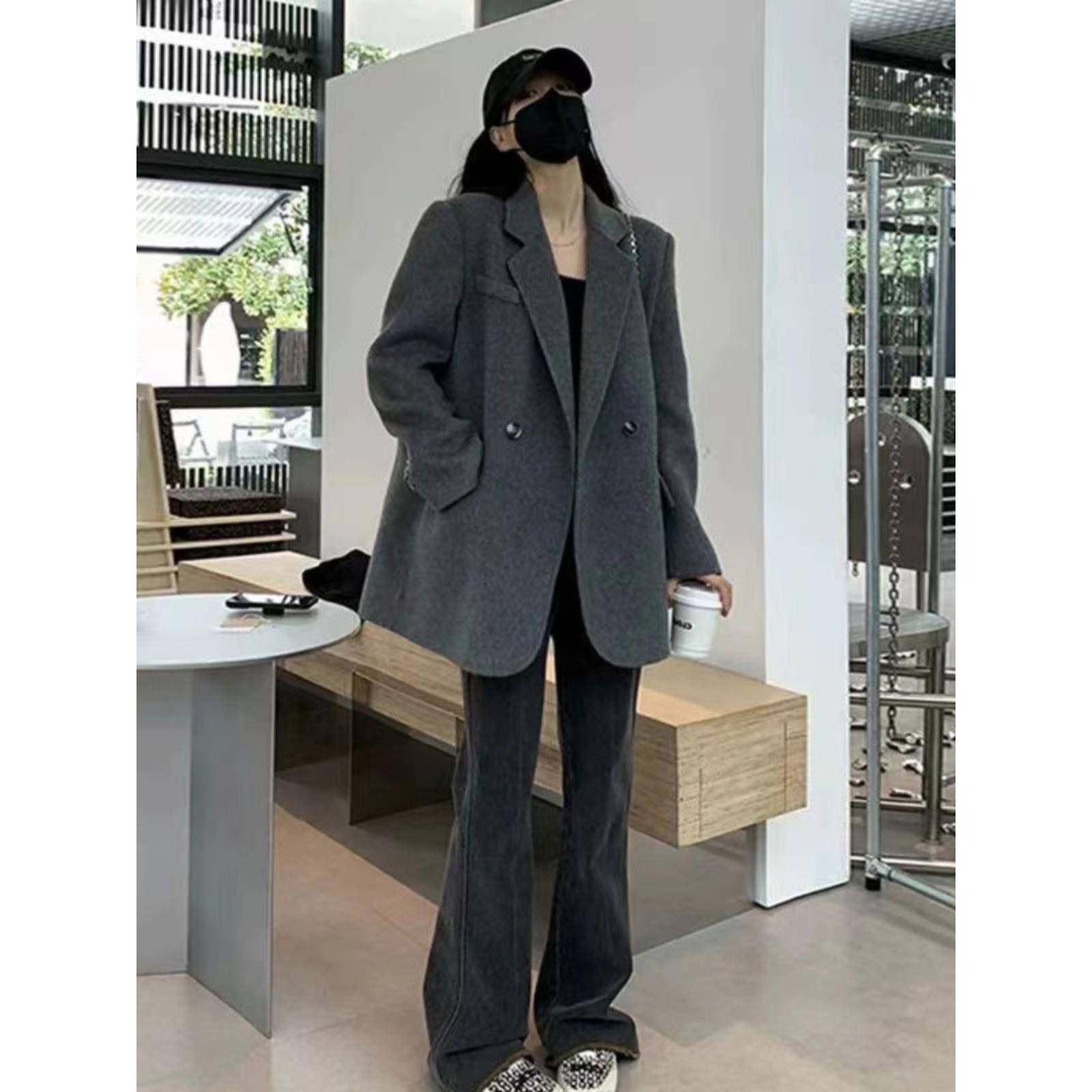 胖mm灰色短款呢子大衣女秋冬新款高级感小个子加大码西装毛呢外套