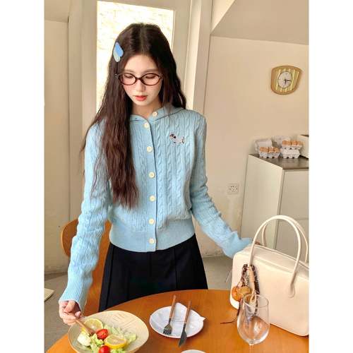 cozydays两色腊肠小狗刺绣连帽针织衫女秋冬新款百搭休闲套头毛衣