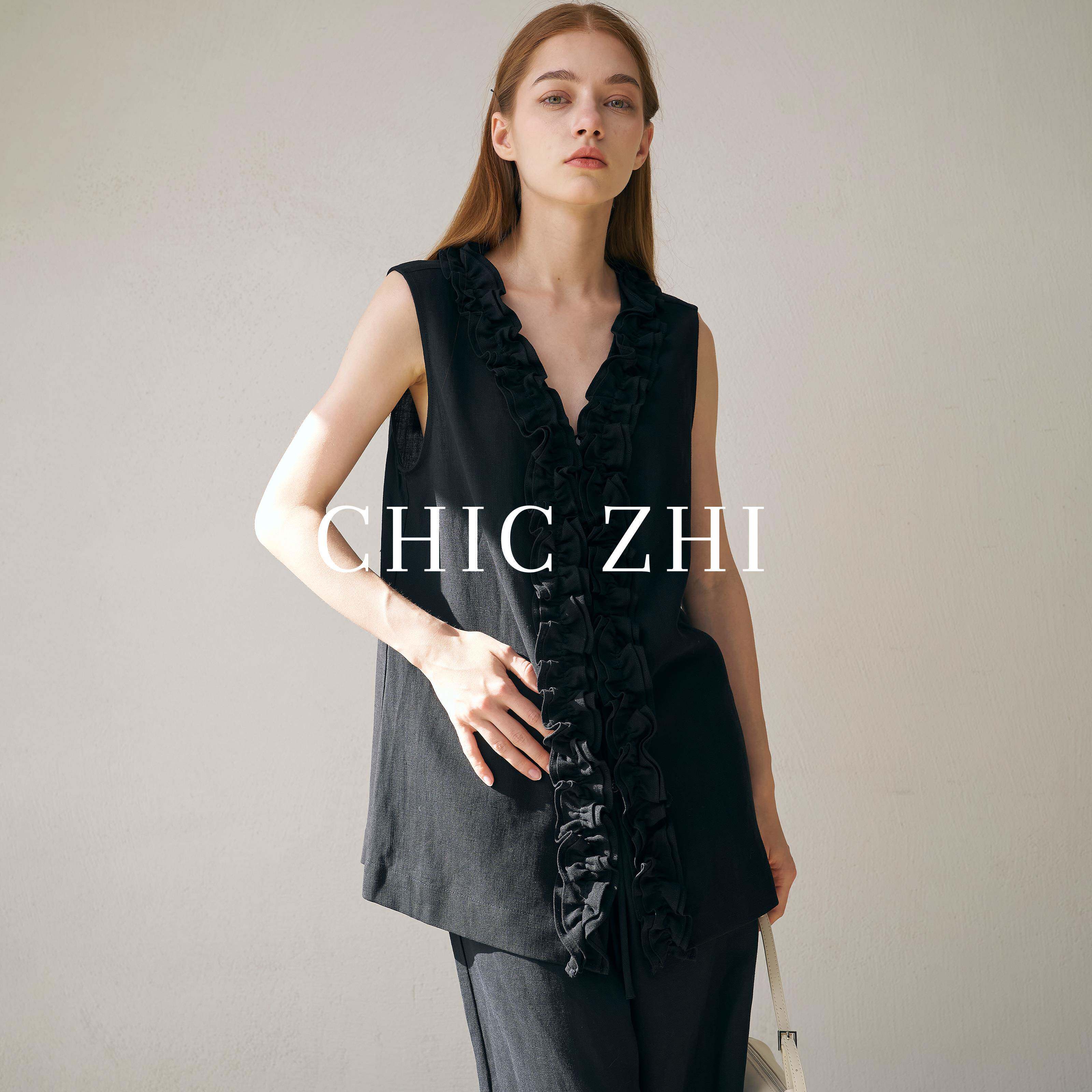 CHIC ZHI夏薄款V领木耳边无袖亚麻马甲女士上衣外穿法式黑色背心