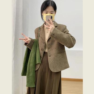 韩系复古人字纹棕色西装毛呢外套女秋冬高级感小个子短款呢子大衣